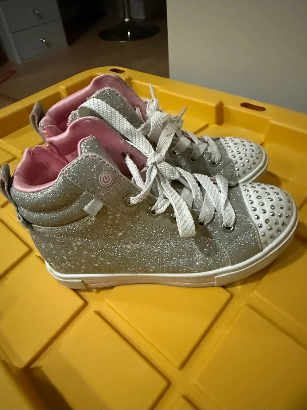 Skechers Silver Glitter High-Top Sneakers with Pink Lining